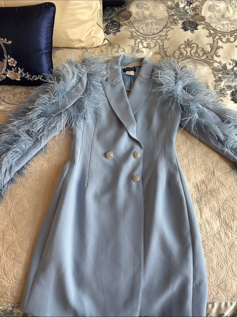 Jovani Powder Blue Double-Breasted Feather-Trim Blazer Coat